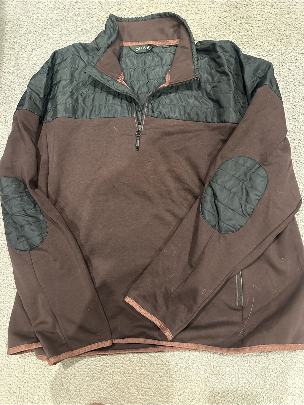Orvis Brown Pullover with Black Quilted Yoke and Elbow Patches